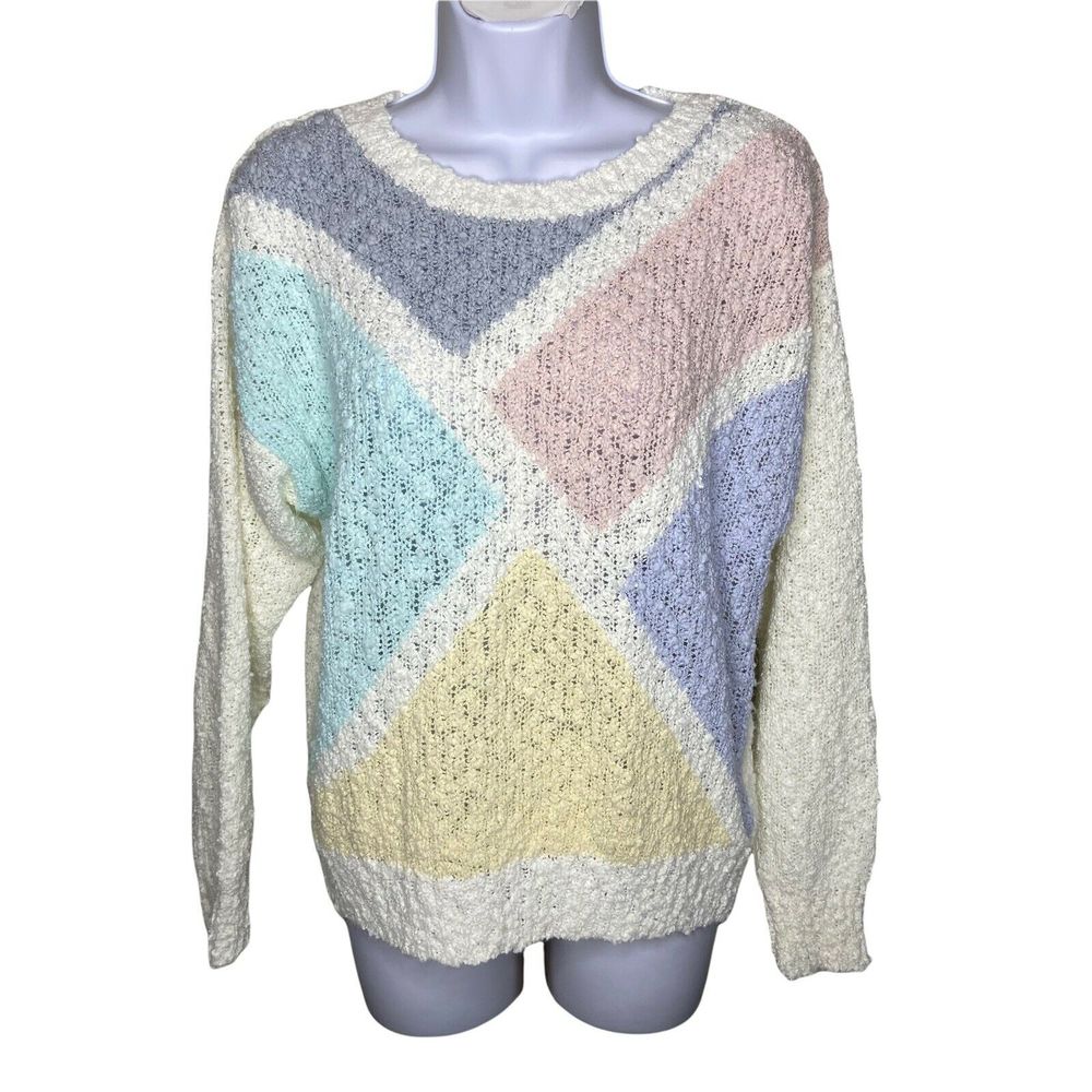 VTG Women's Marled Knit Sweater Size XL Pastels Geometric Ivory Acrylic Koret
